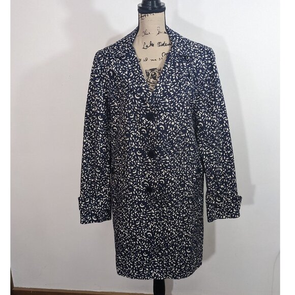 Talbots Floral Print Trench Coat Navy Blue White Lined Button Size 12 - Picture 1 of 11